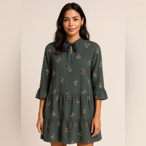 Madewell Green Floral Tiered Mini Dress with Tie Neck | Size S